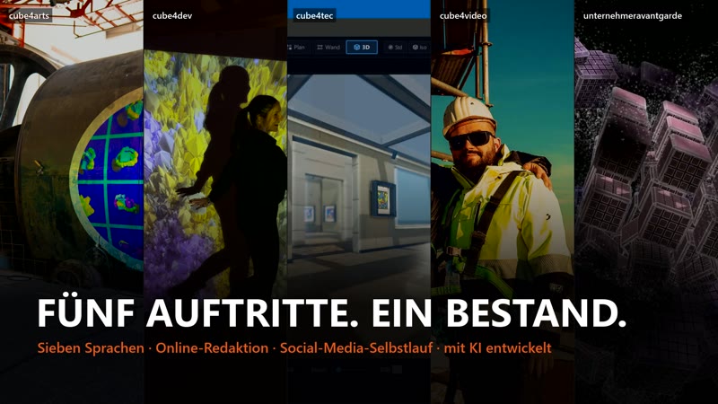 Fünf Auftritte, ein Bestand: je ein Bild von cube4arts, cube4dev, cube4tec, cube4video und unternehmeravantgarde